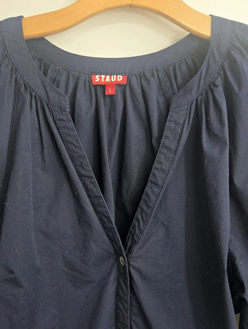 Staud Blouse Blue Cotton V-Neck Button Front Puff Sleeve